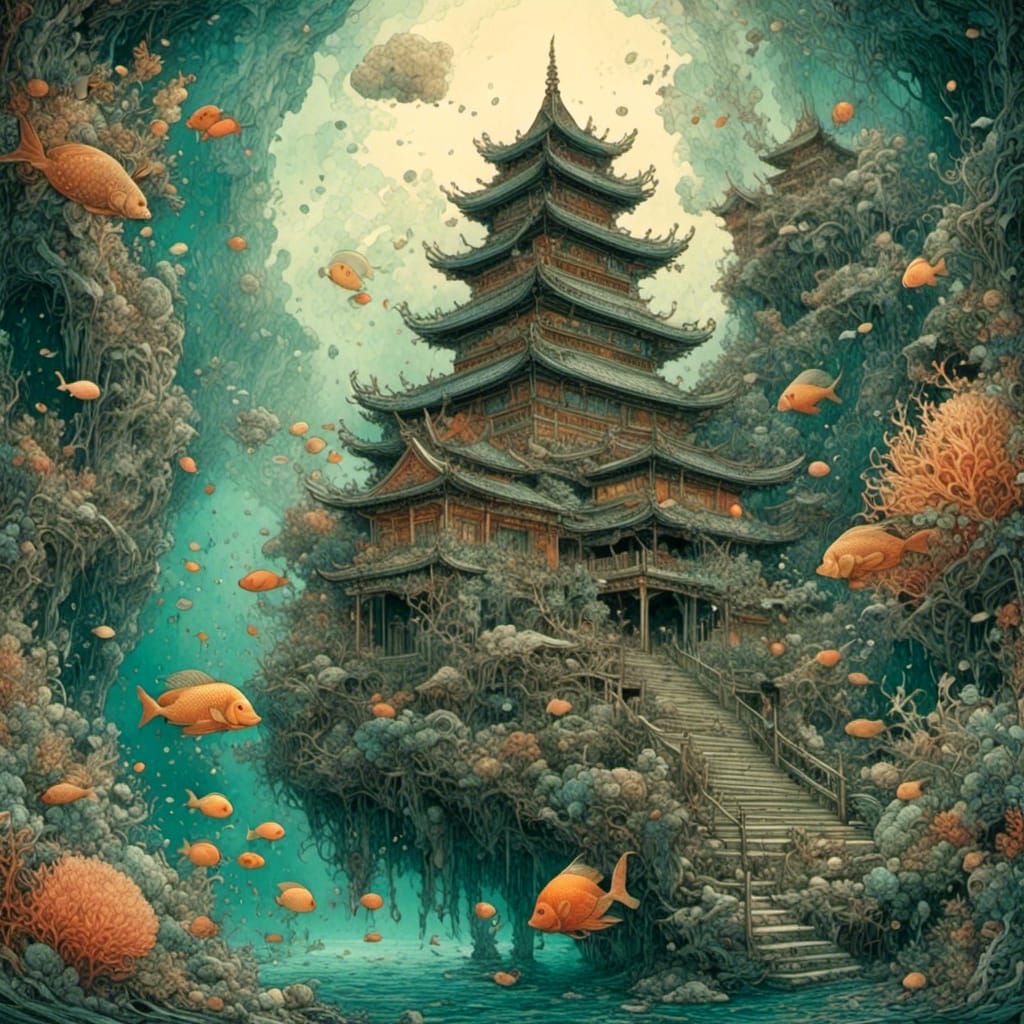 Underwater Temple in a Gustav Klimt Golden Era Style