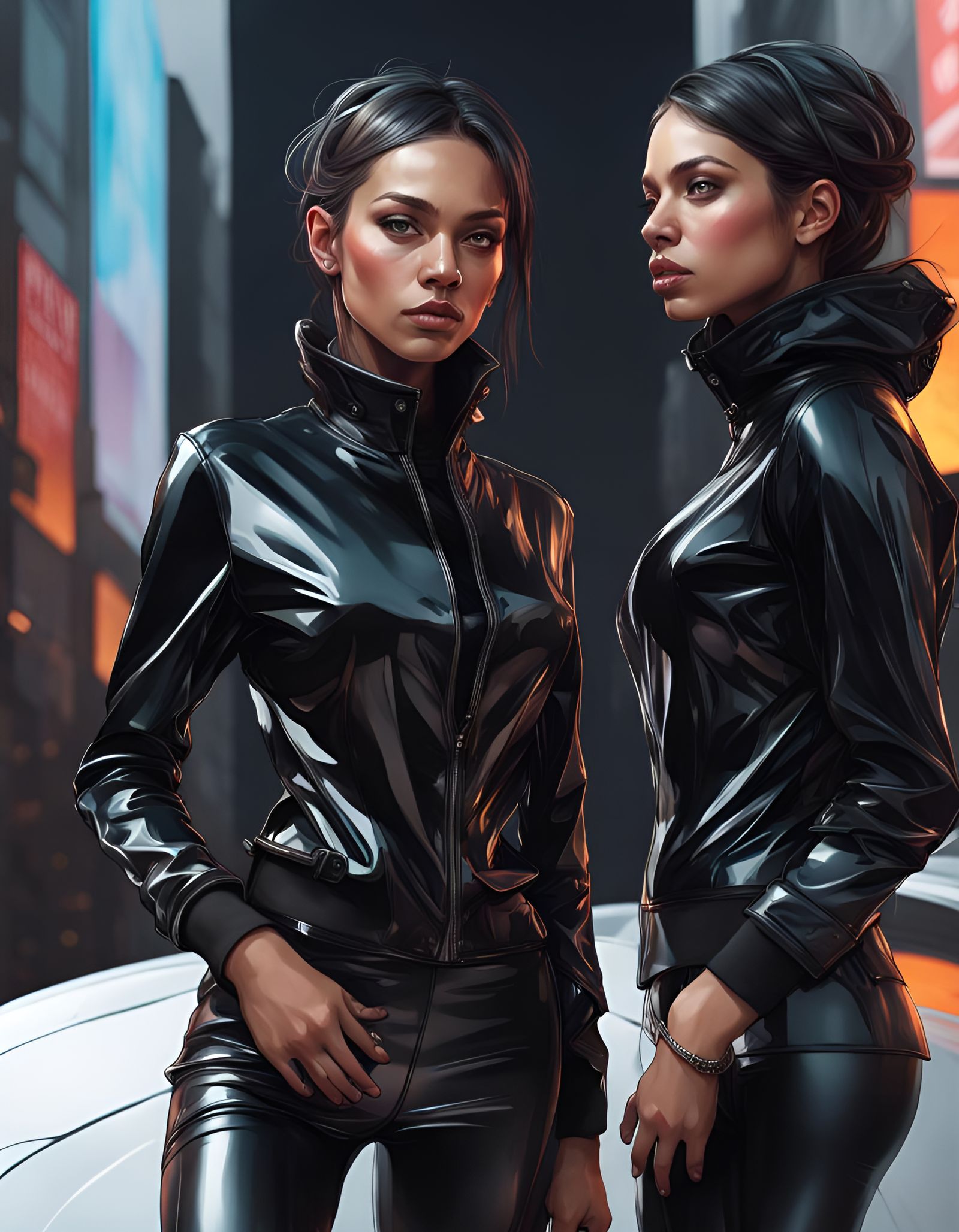 Portrait of Two Women in Glossy Jackets