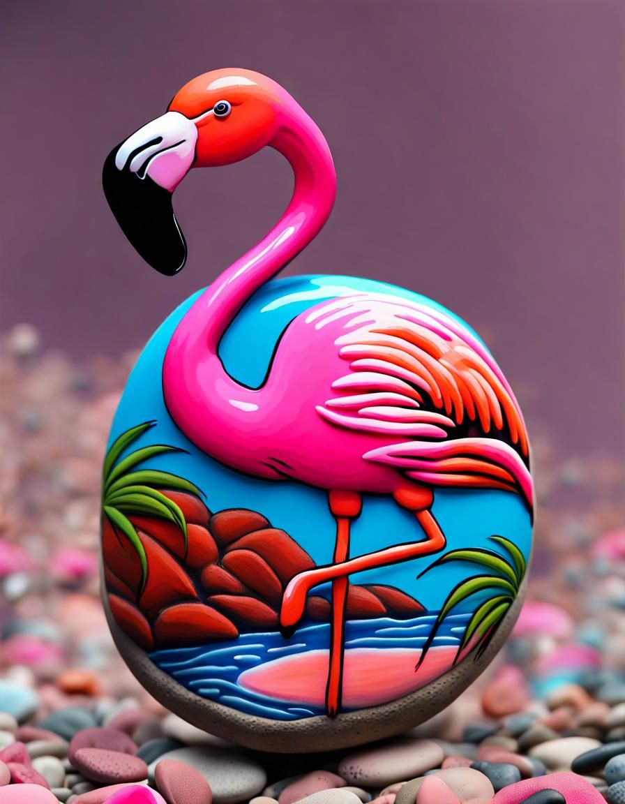 Pink Flamingo Pebble Painting in Acrylic Style