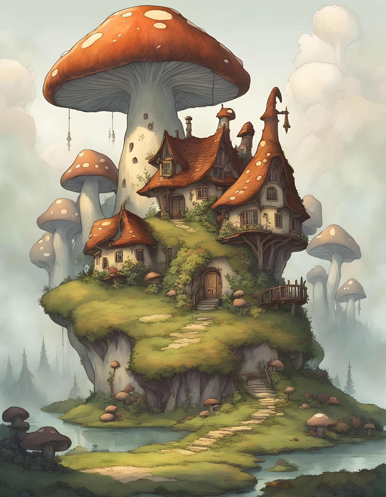 Whimsical Mushroom Village in a Dreamlike Landscape
