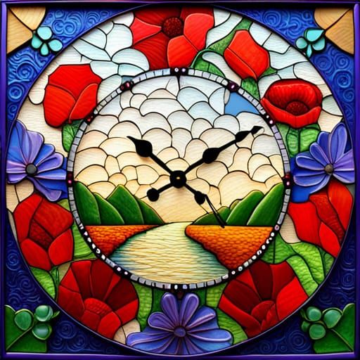 Colorful 3D Clock Sculpture with Floral Textures