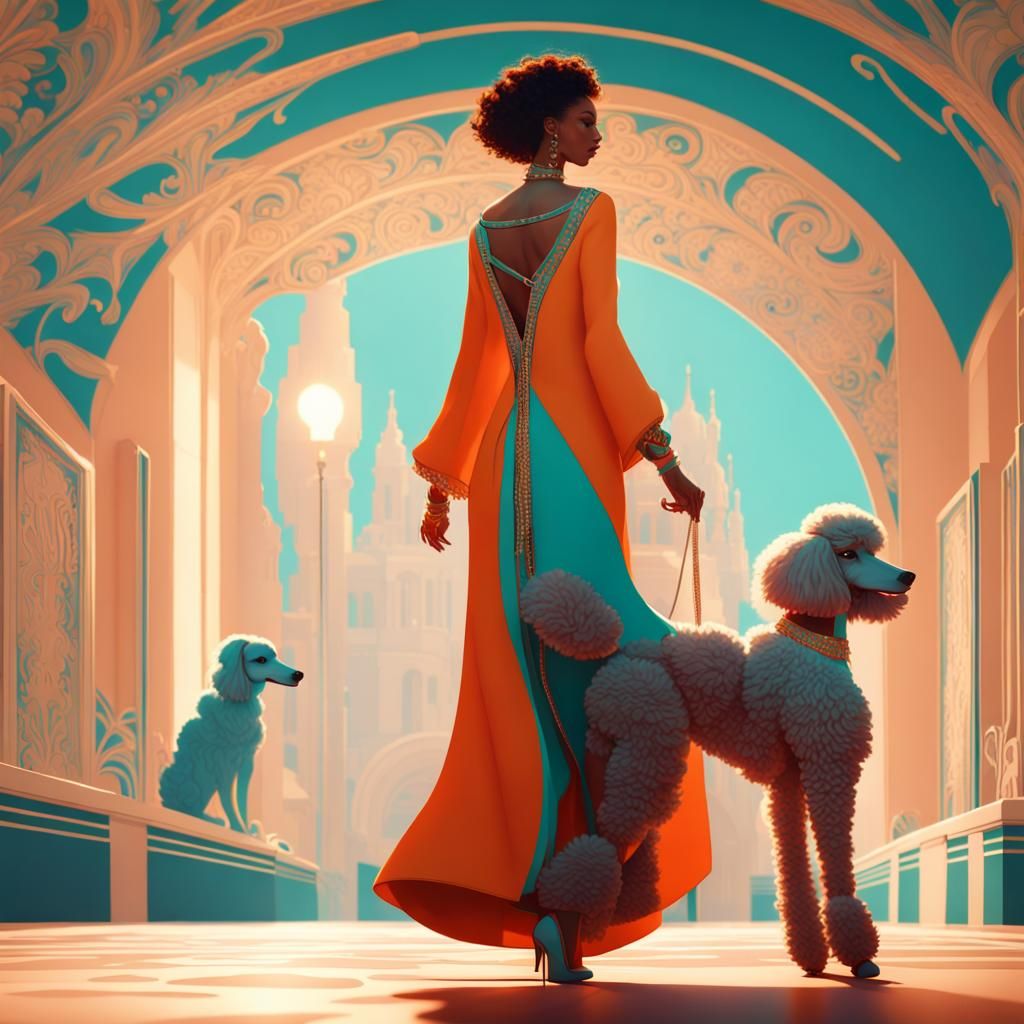 Art Deco Woman Walking Poodle, Detailed Illustration