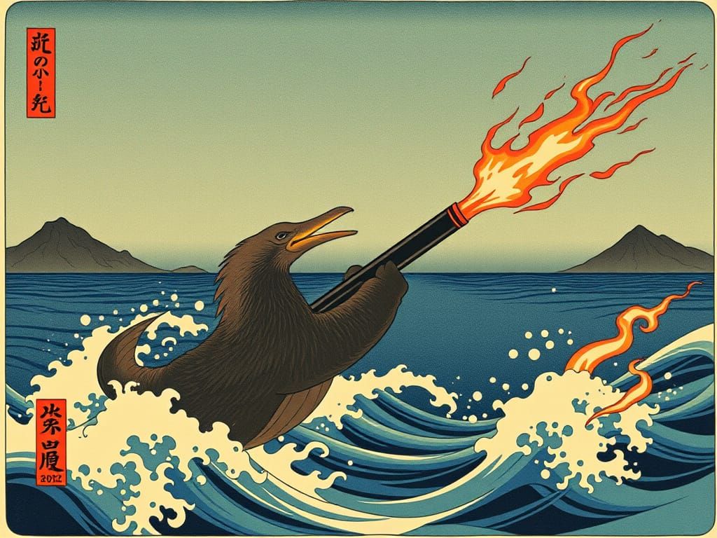 Eldritch Platypus Ignites Ukiyo-e Seascape
