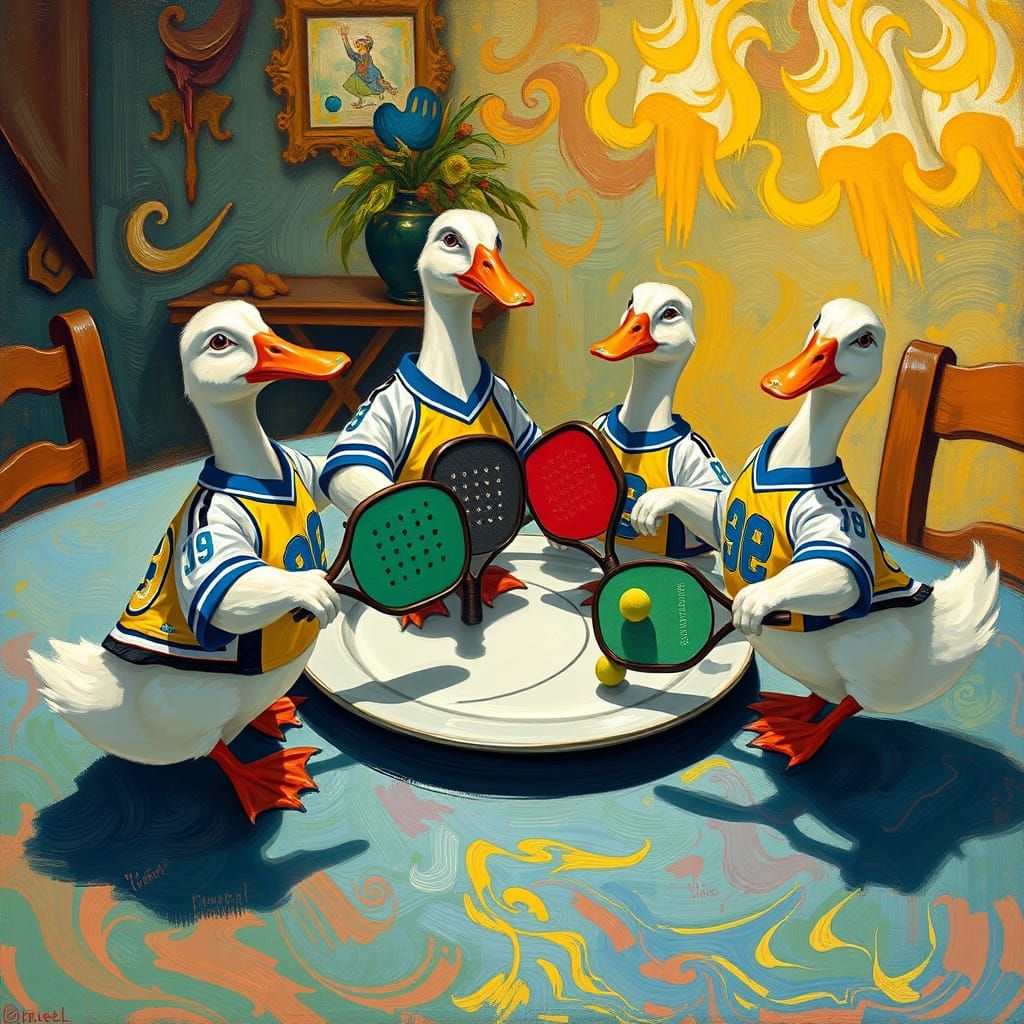 Ducks Play Pickleball in Van Gogh Impressionist Style