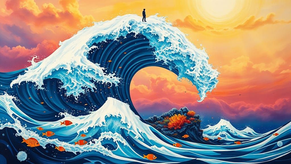 Ocean Wave Becomes Living Island with Coral Reefs and Marine...