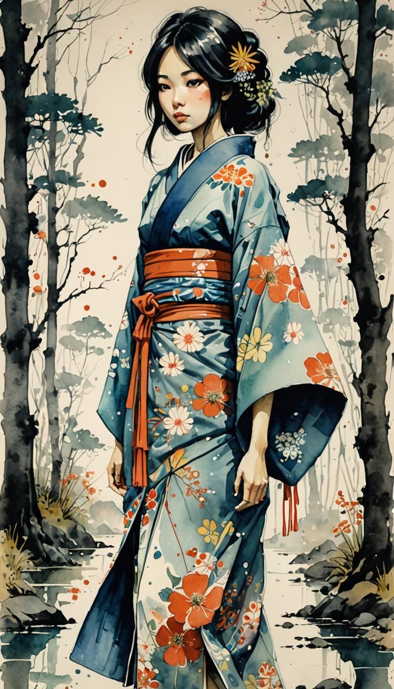 American Japanese Girl in Kimono, Surreal Watercolor Art