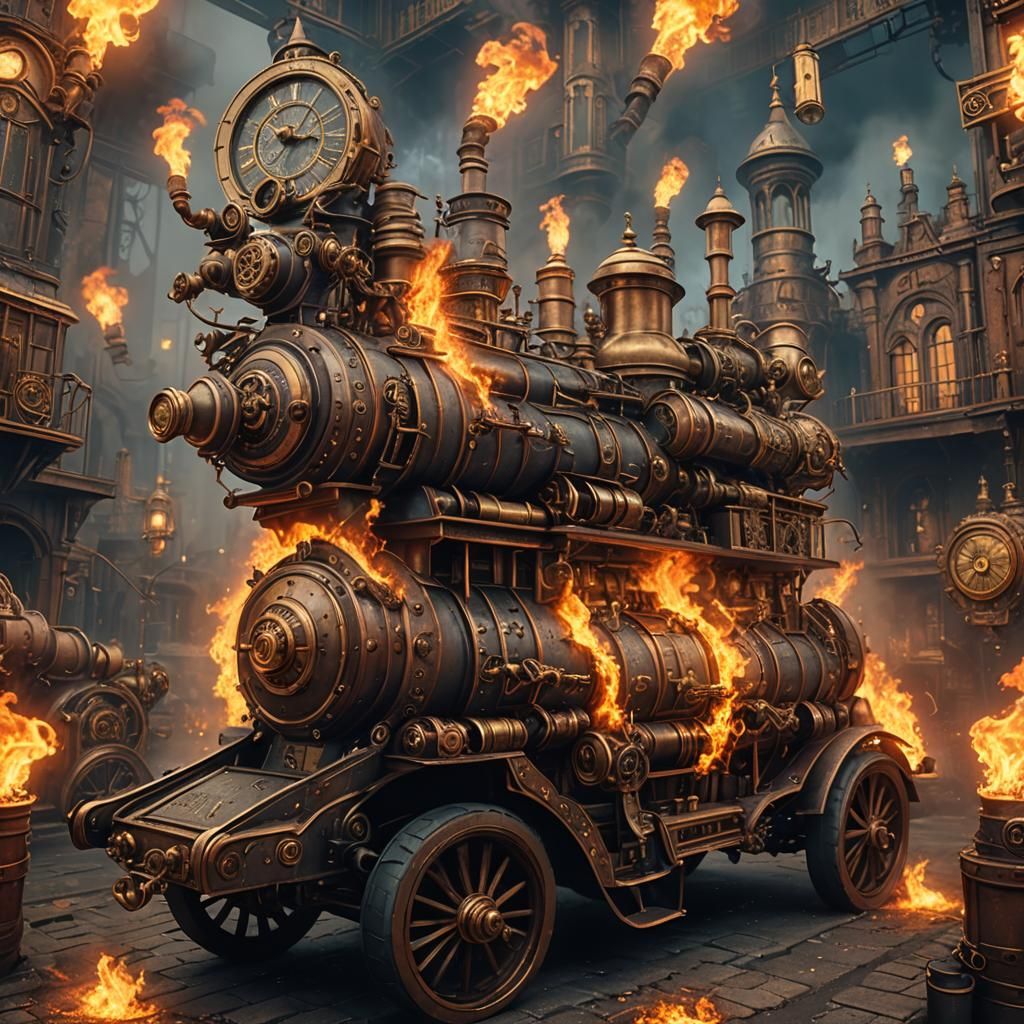 Steampunk Car Race in Flames: Detailed Matte Painting