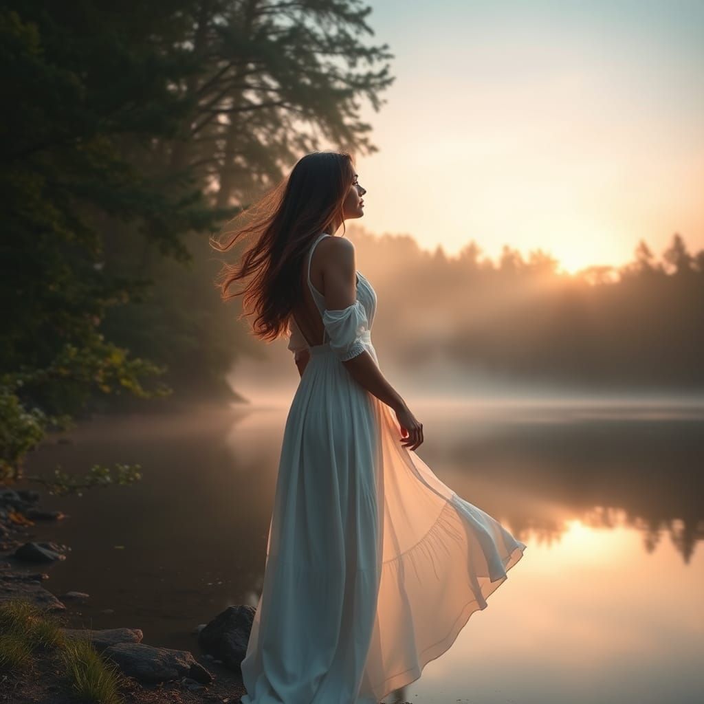 Serene Woman at Misty Lake Dawn