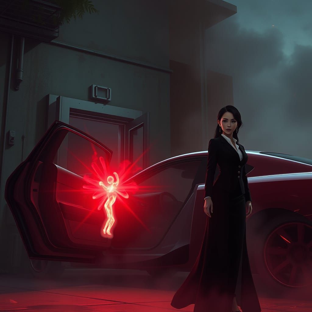 Towering Figure Emerges in Eerie Red Aura, Dark Fantasy Scen...