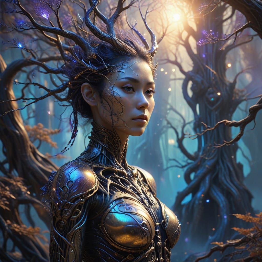 Serene Biomechanical Goddess in Fantastical Japanese Landsca...