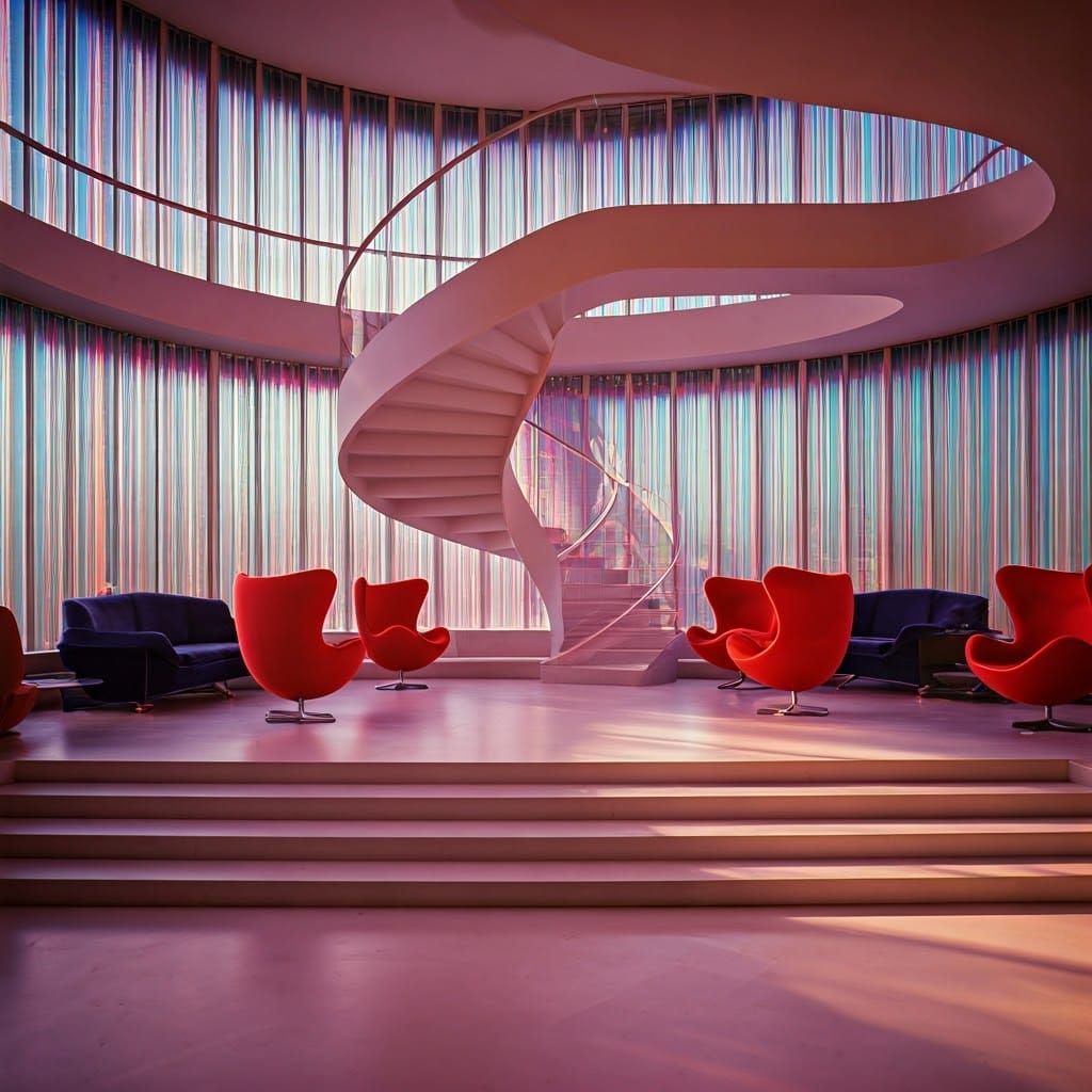 Retrofuturistic Discoroom with Rainbow Glass and Egg Chairs
