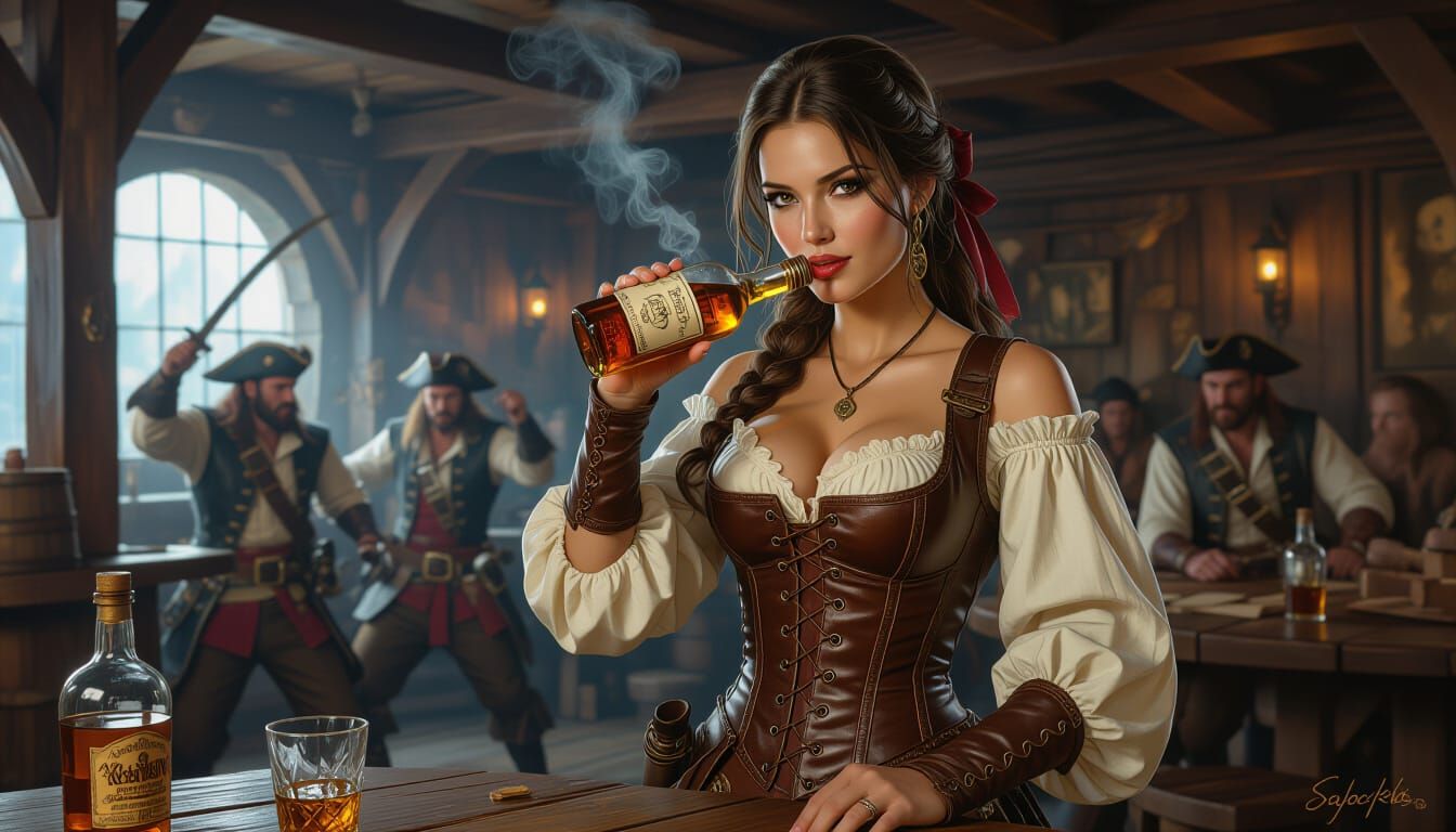 Pirate Woman Drinking Rum in Tavern Brawl