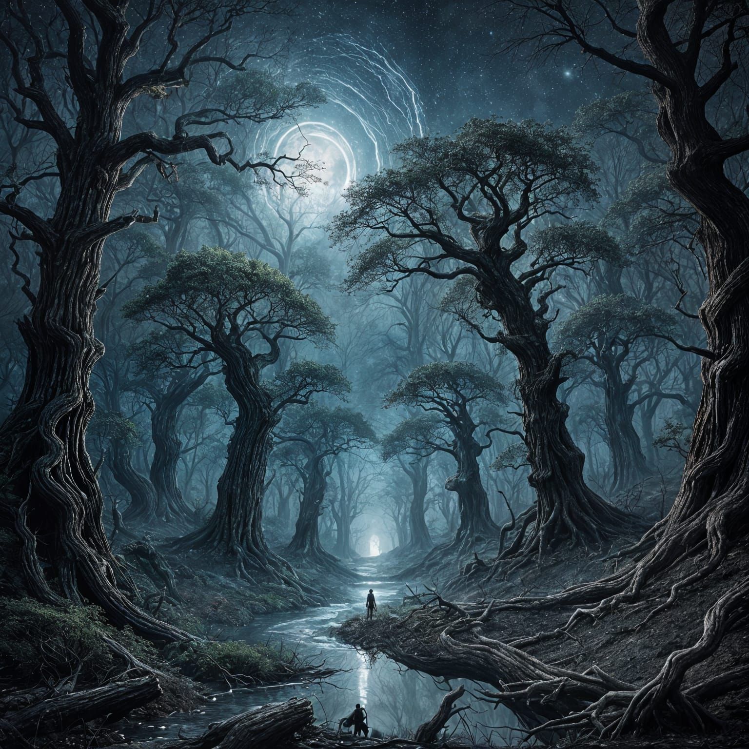 Celestial Radiance Over Dark Forest: Surreal Painting