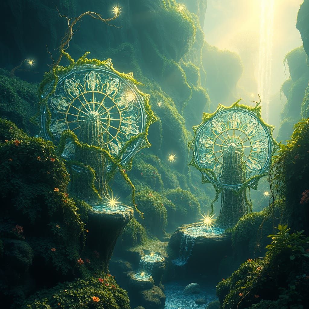 Surreal Valley of Iridescent Waterwheels in a Vast, Verdant ...