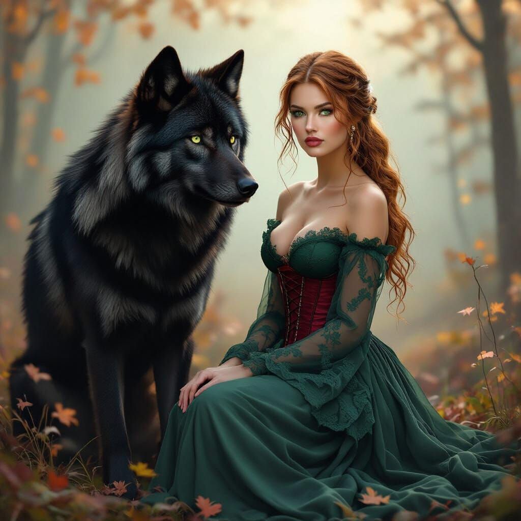 Forest Guardian with Wolf in Autumn Hues