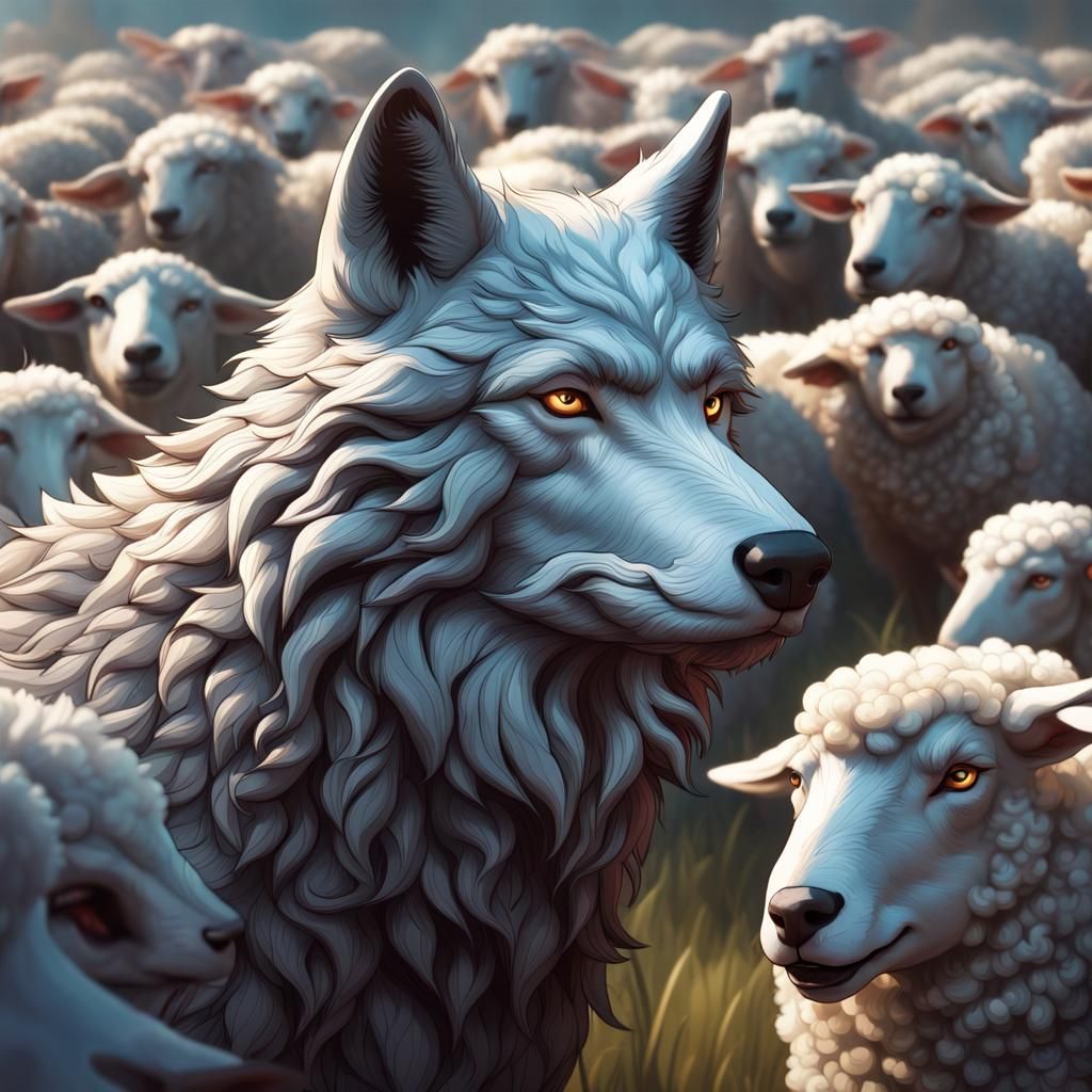 Wolf and Sheep Portrait in Hyperdetailed Style