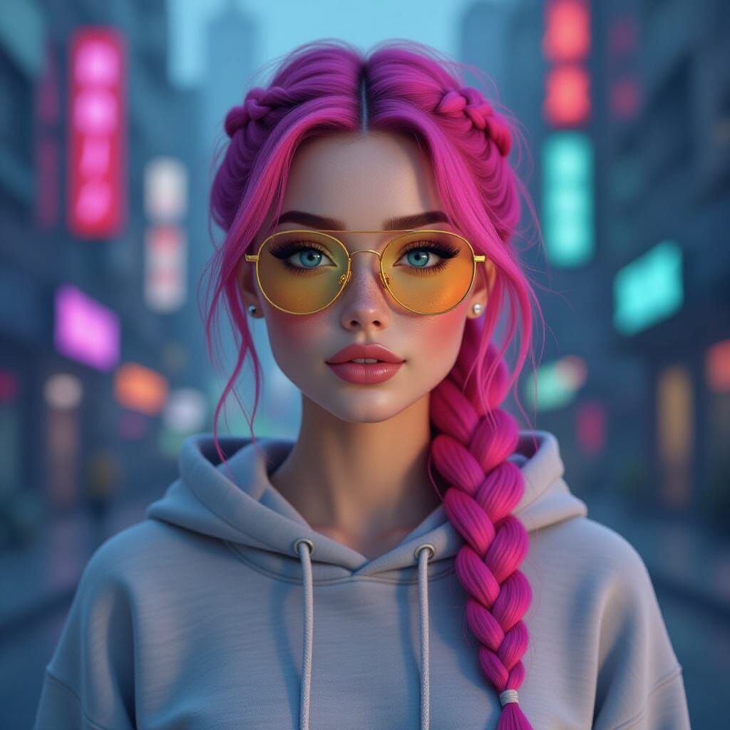 Cyberpunk Woman with Pink Hair and Neon Cityscape