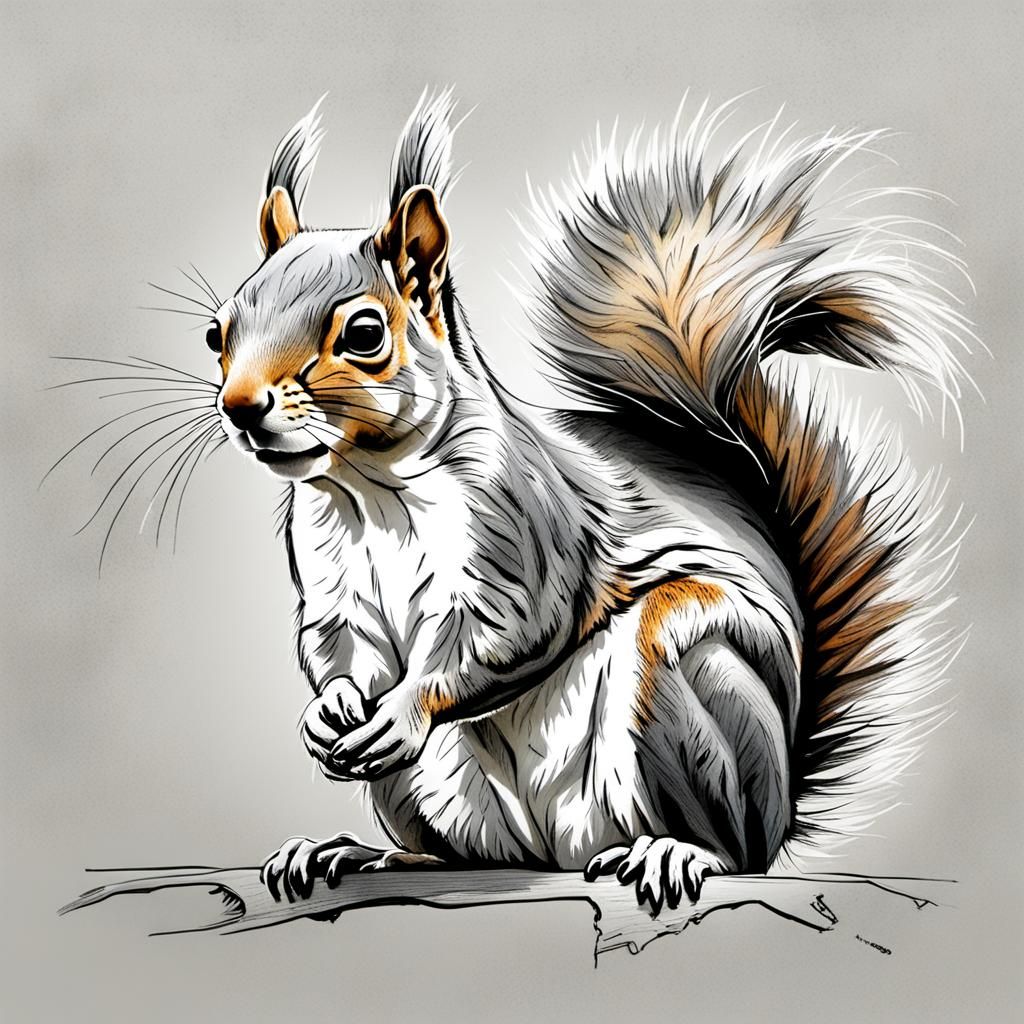 Detailed Naturalistic Sketch of Eastern Grey Squirrel