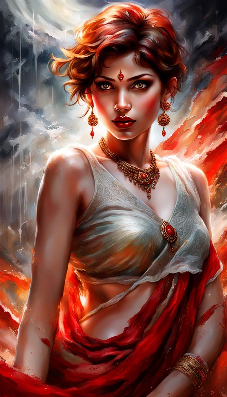 beautiful alluring (unclad:1.5) indian goddess, female, red short hair, red lips, transparent, ethereal, big boobies and...