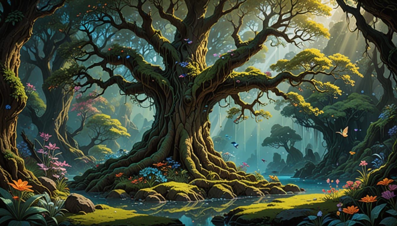 Mystical Oasis Within Ancient Tree, in James Gurney's Style