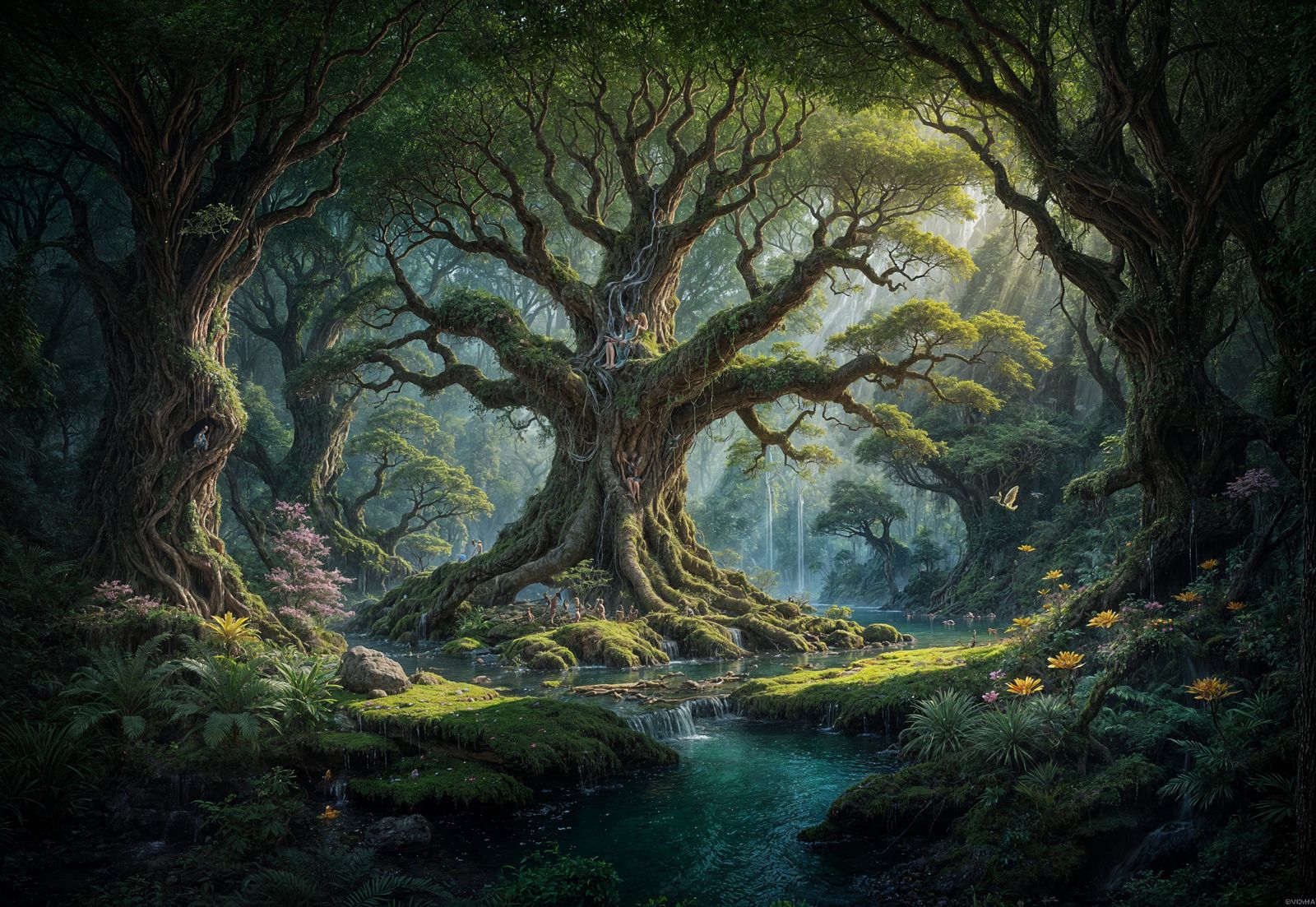 Ancient Tree Oasis in Whimsical Fantasy Style