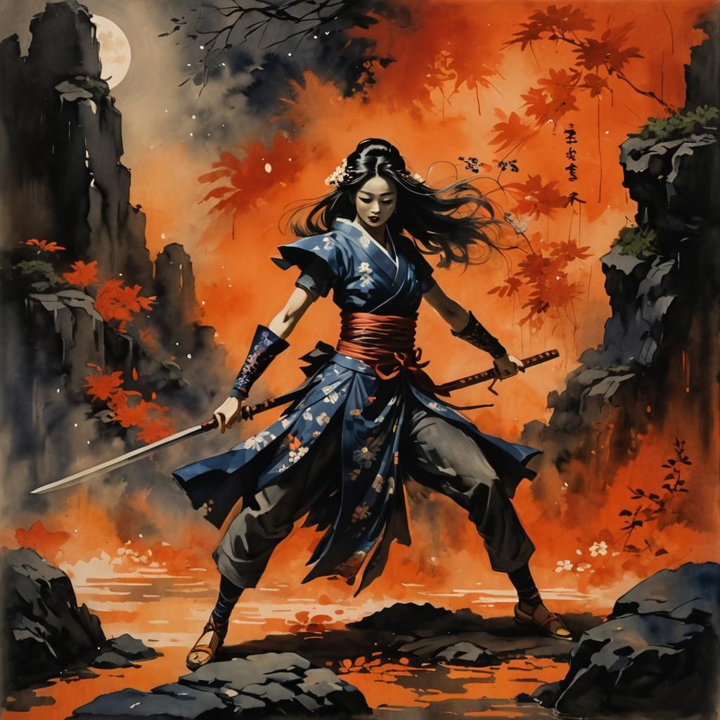 Geisha in Moonlit Courtyard: Post-Impressionist Painting