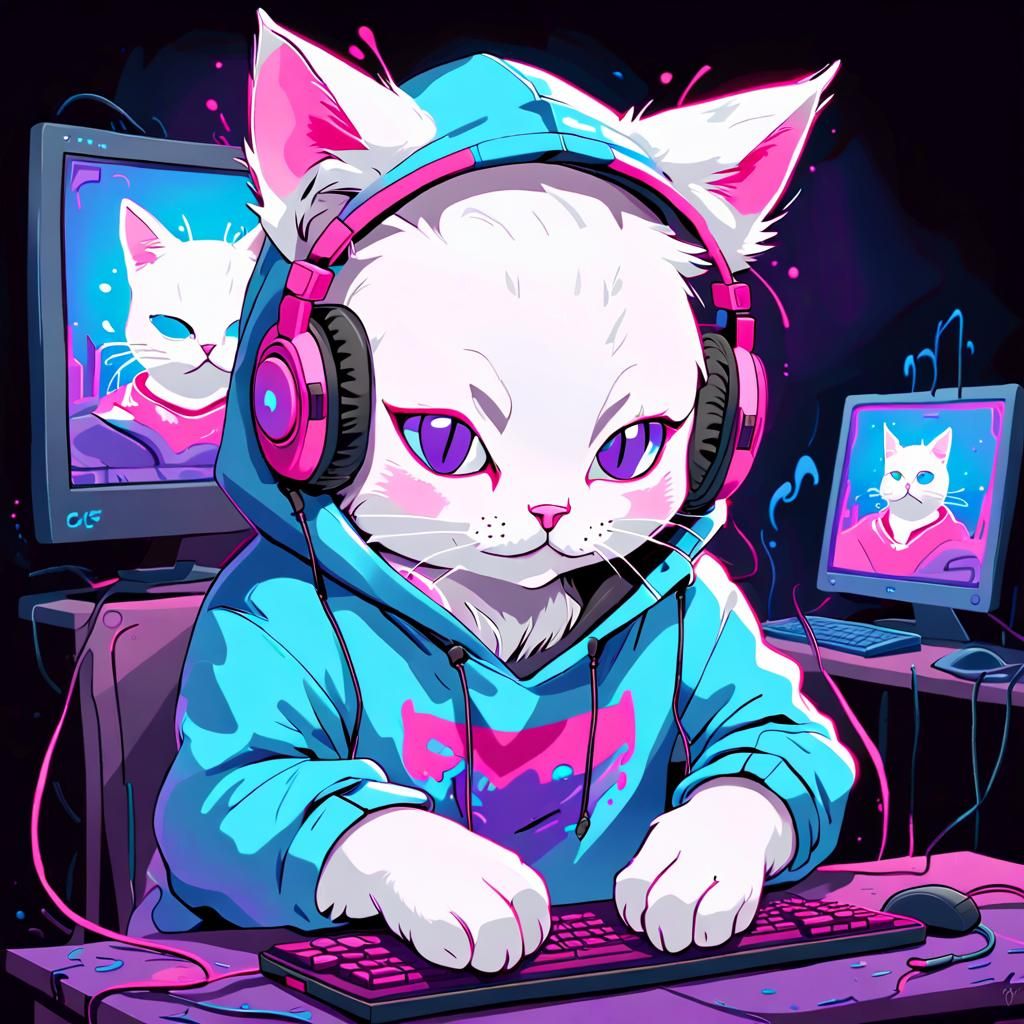 Gaming Cat in Neon Graffiti Style