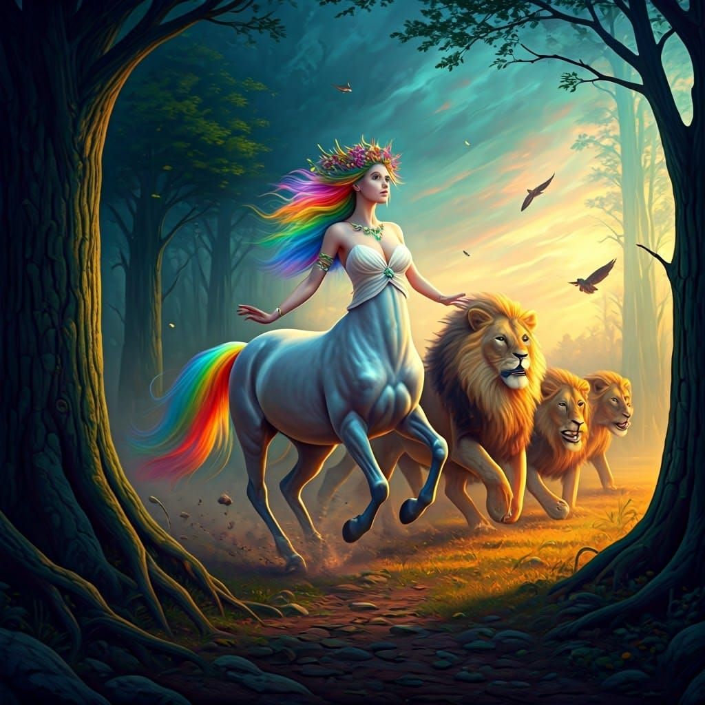 Centaur Stampeding Lions in a Surreal Landscape