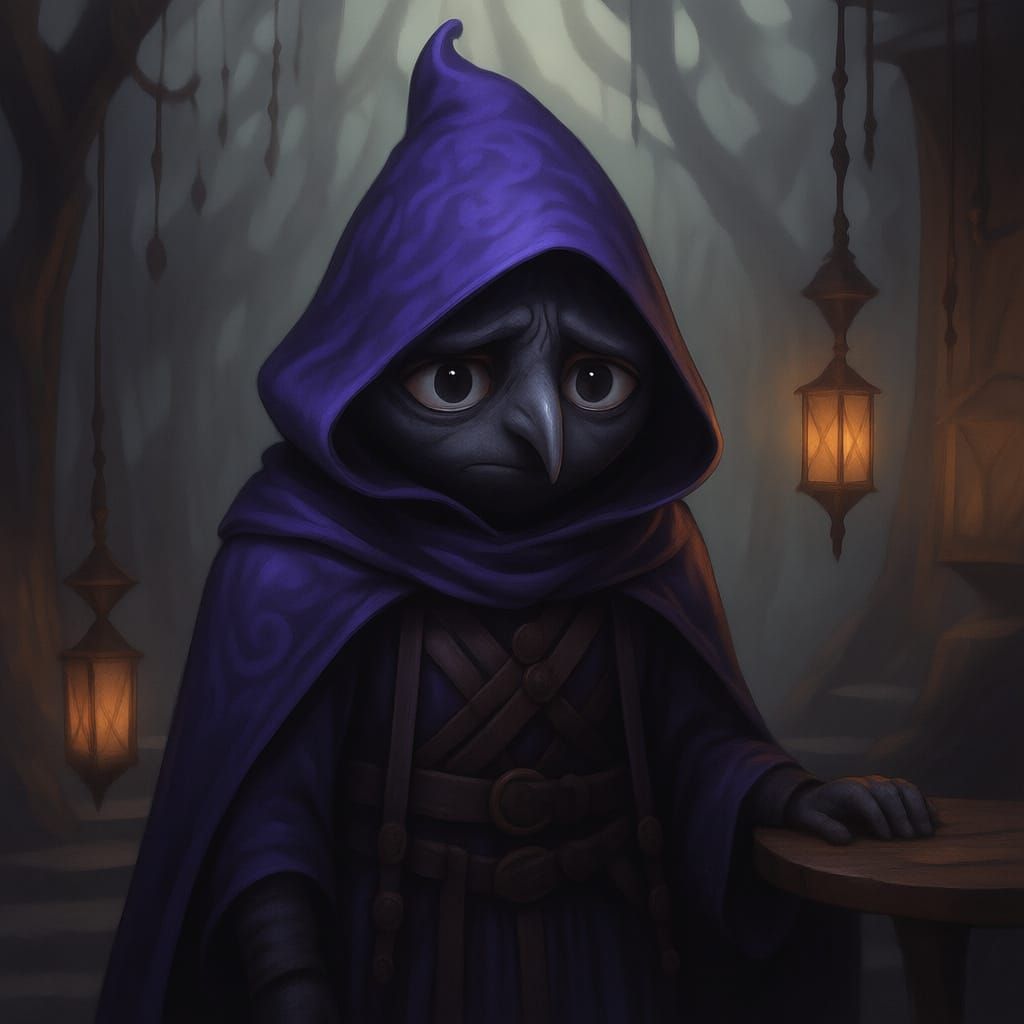 Cute Kenku Rogue-Bard with Tarot, Character Portrait