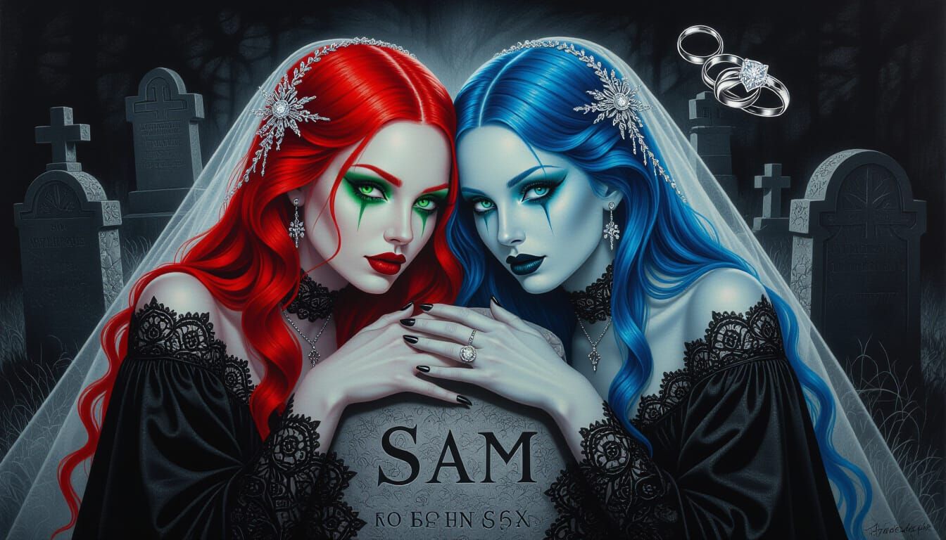 Ghostly Goth Lovers Embrace Above Ancient Grave