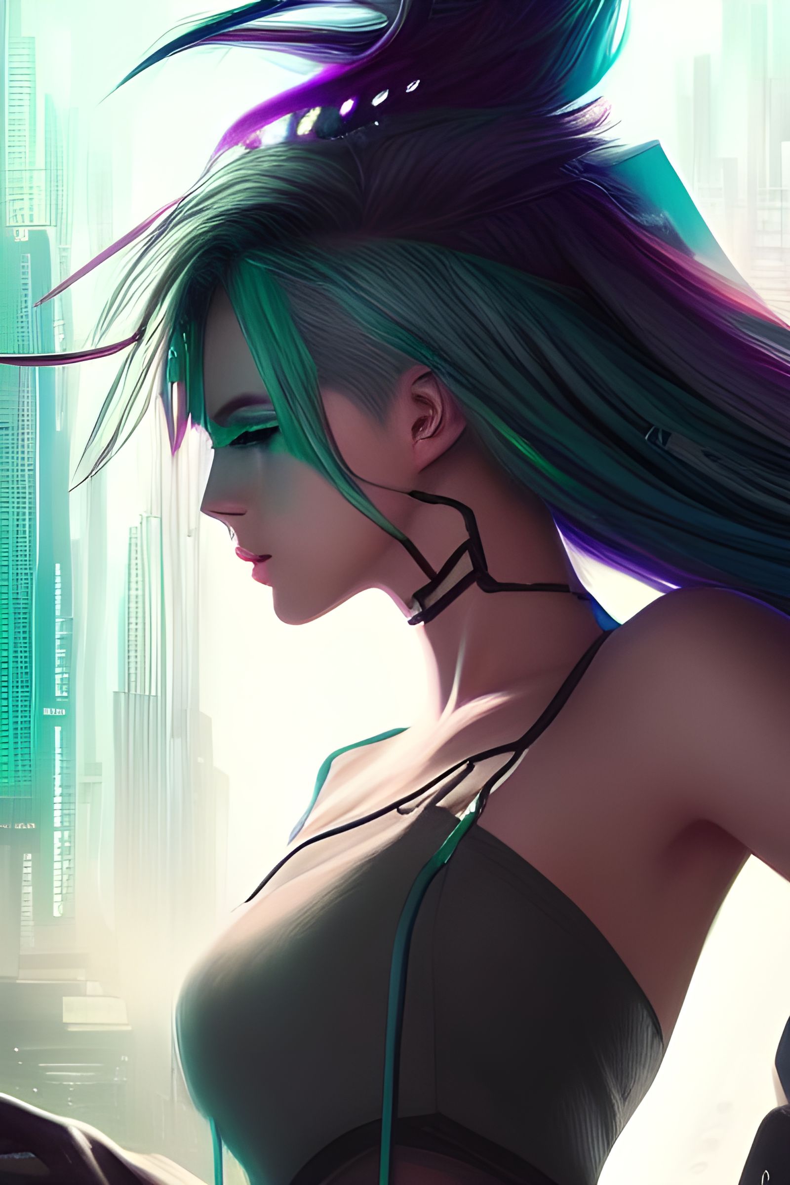 Cyberpunk Goddess with Neon Hair in Cityscape