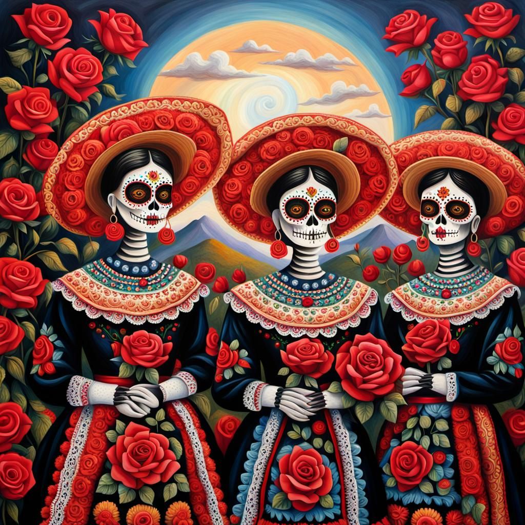 Ornate Catrinas in Mexican Folk Art Style