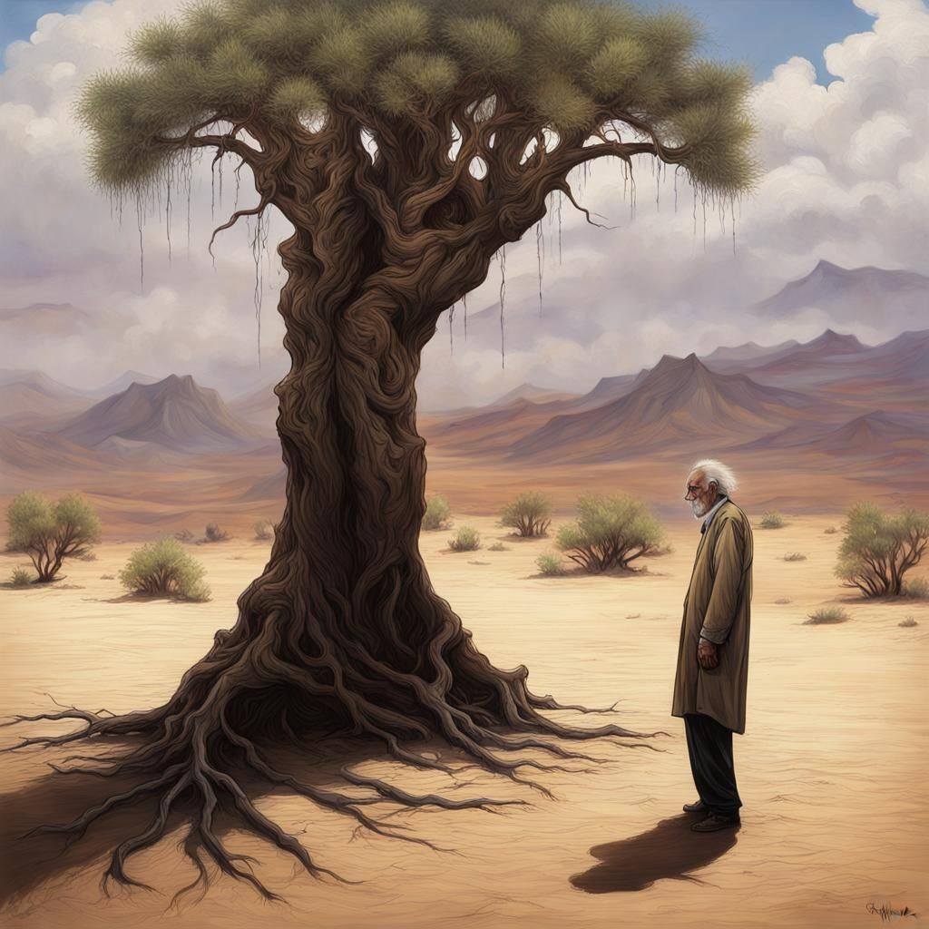 Mourning Man Emerges from Desert Tree