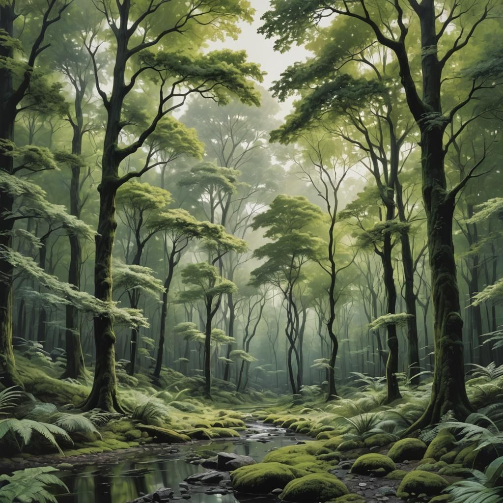 Monochromatic Green Forest: Hyper-Realistic Art