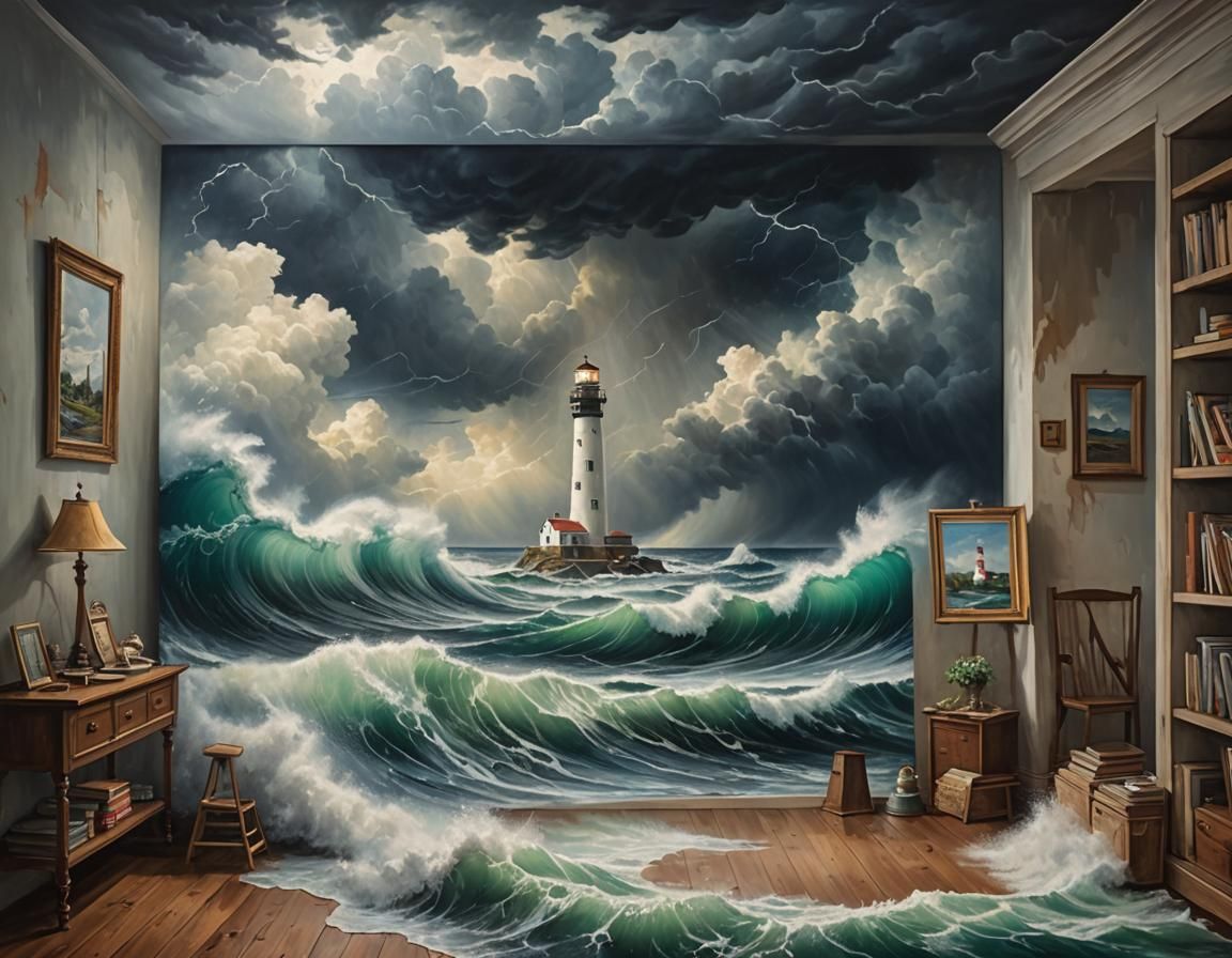 Ocean Painting Floods Room with Tsunami Waves