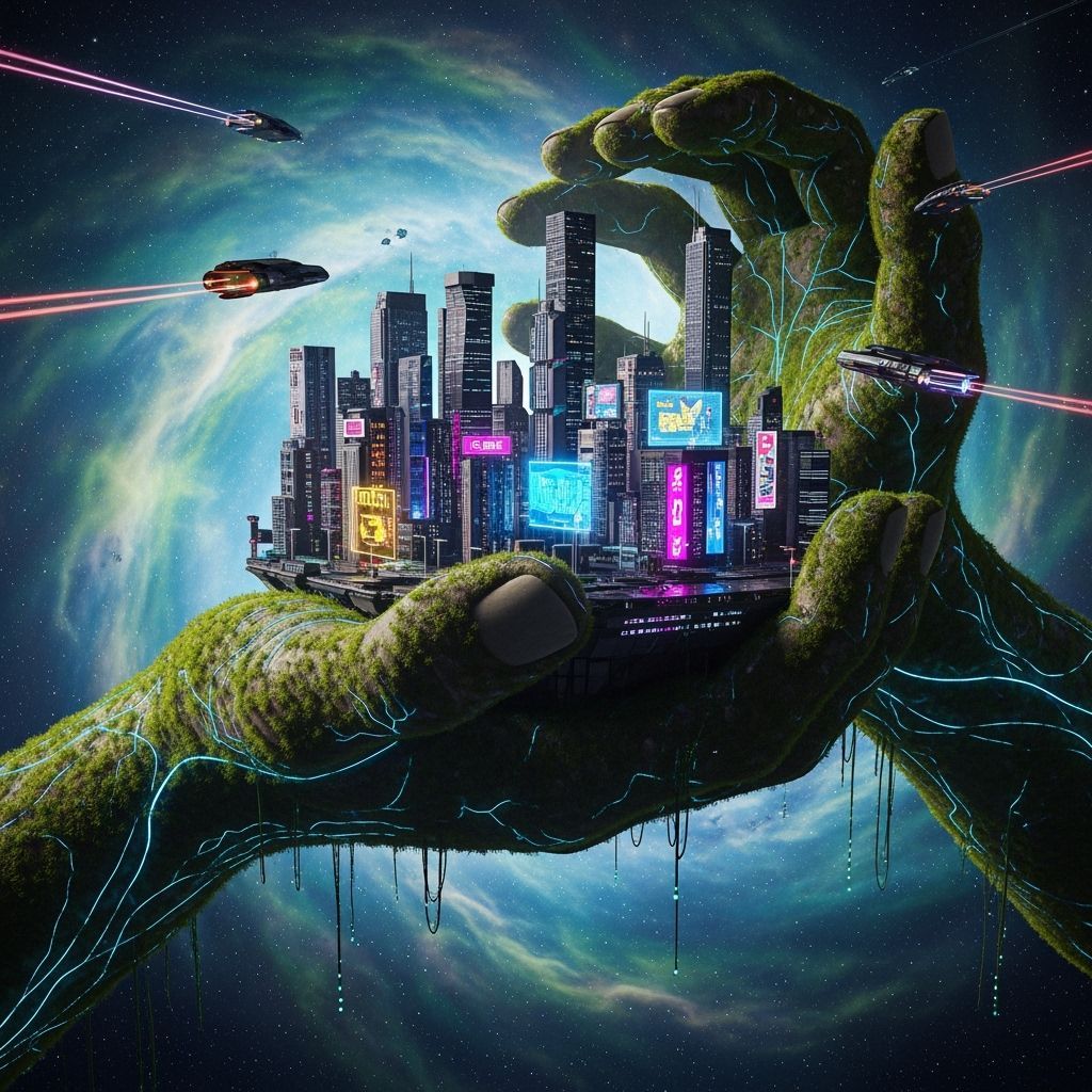 Bioluminescent Hands Cradling Cyberpunk Cityscape in Nebula