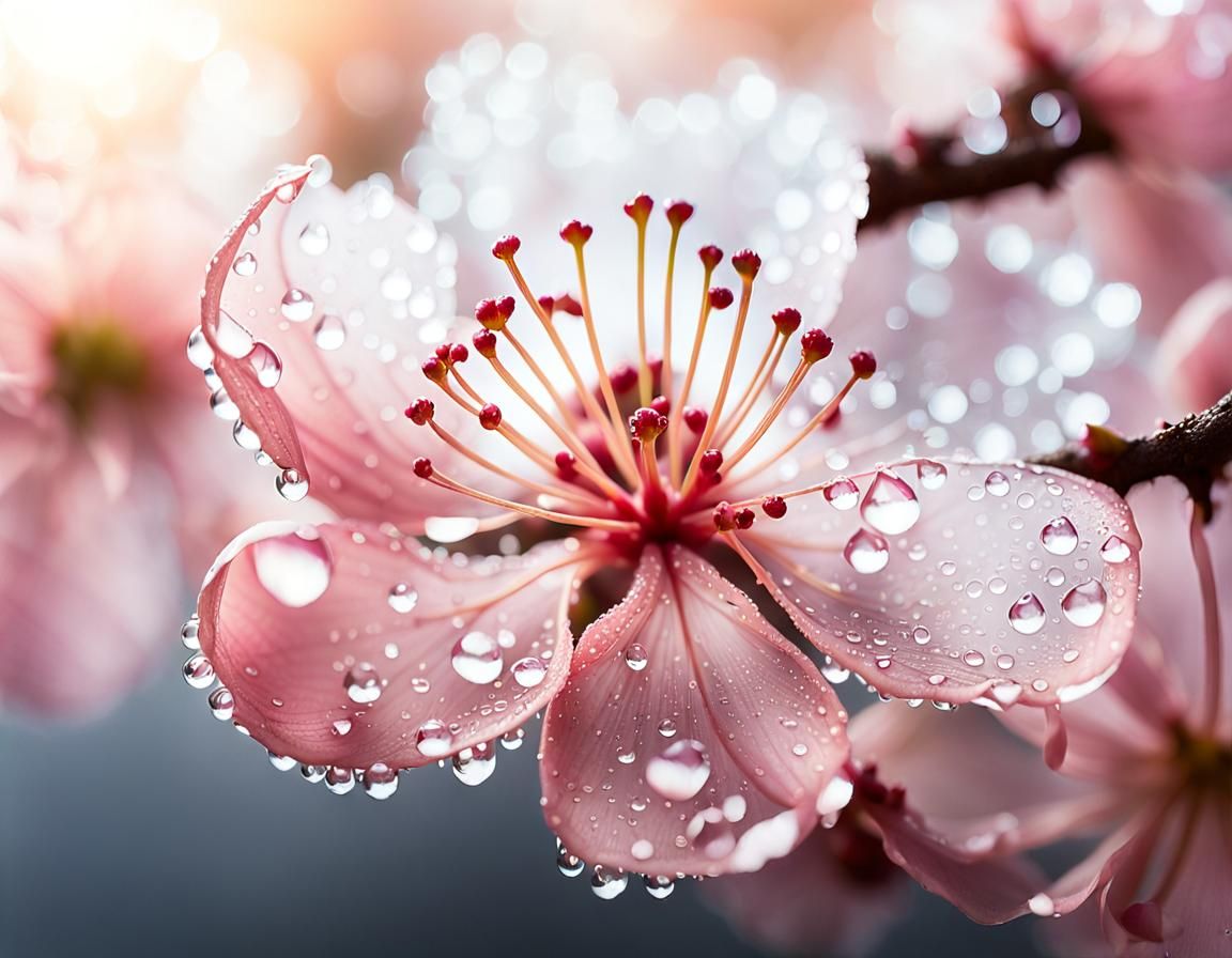 Dew-Kissed Cherry Blossom Macro in Pastel Light