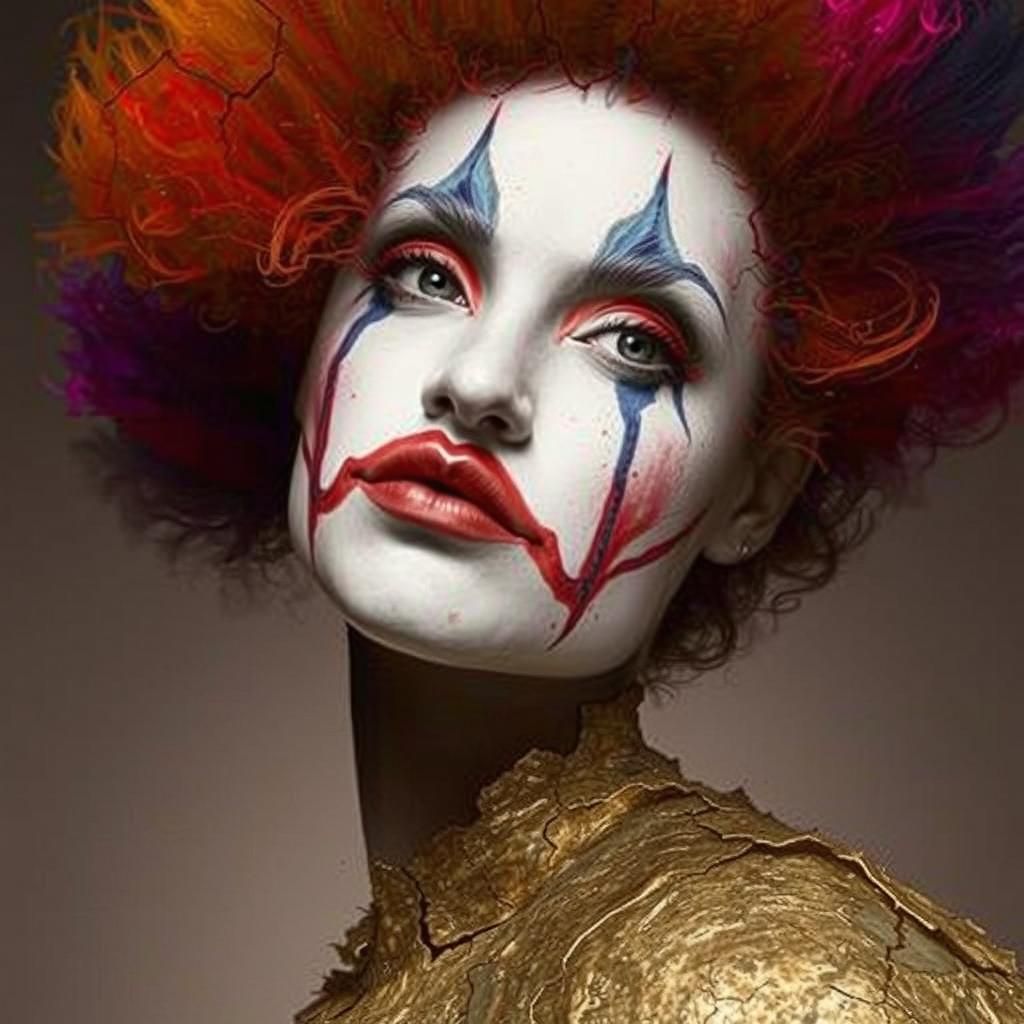 Grayscale Clown Portrait in Cyberpunk Style