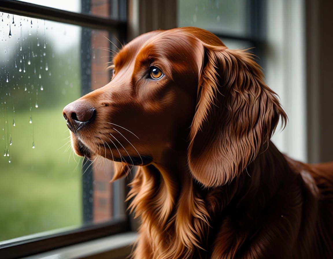 Irish Setter in Rainy Window, Dreamcore Realism
