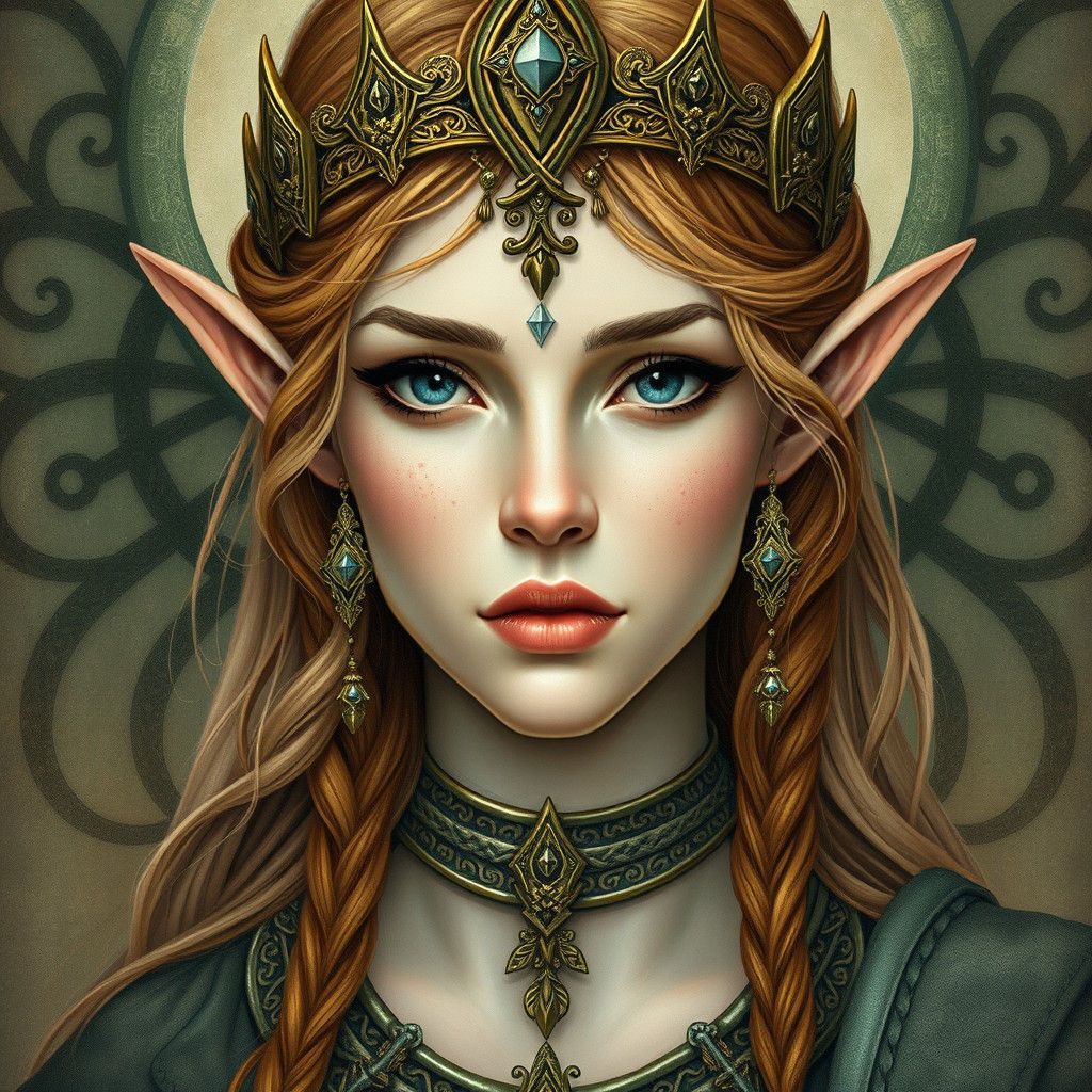 Elven Warrior Queen Portrait in Art Nouveau Style