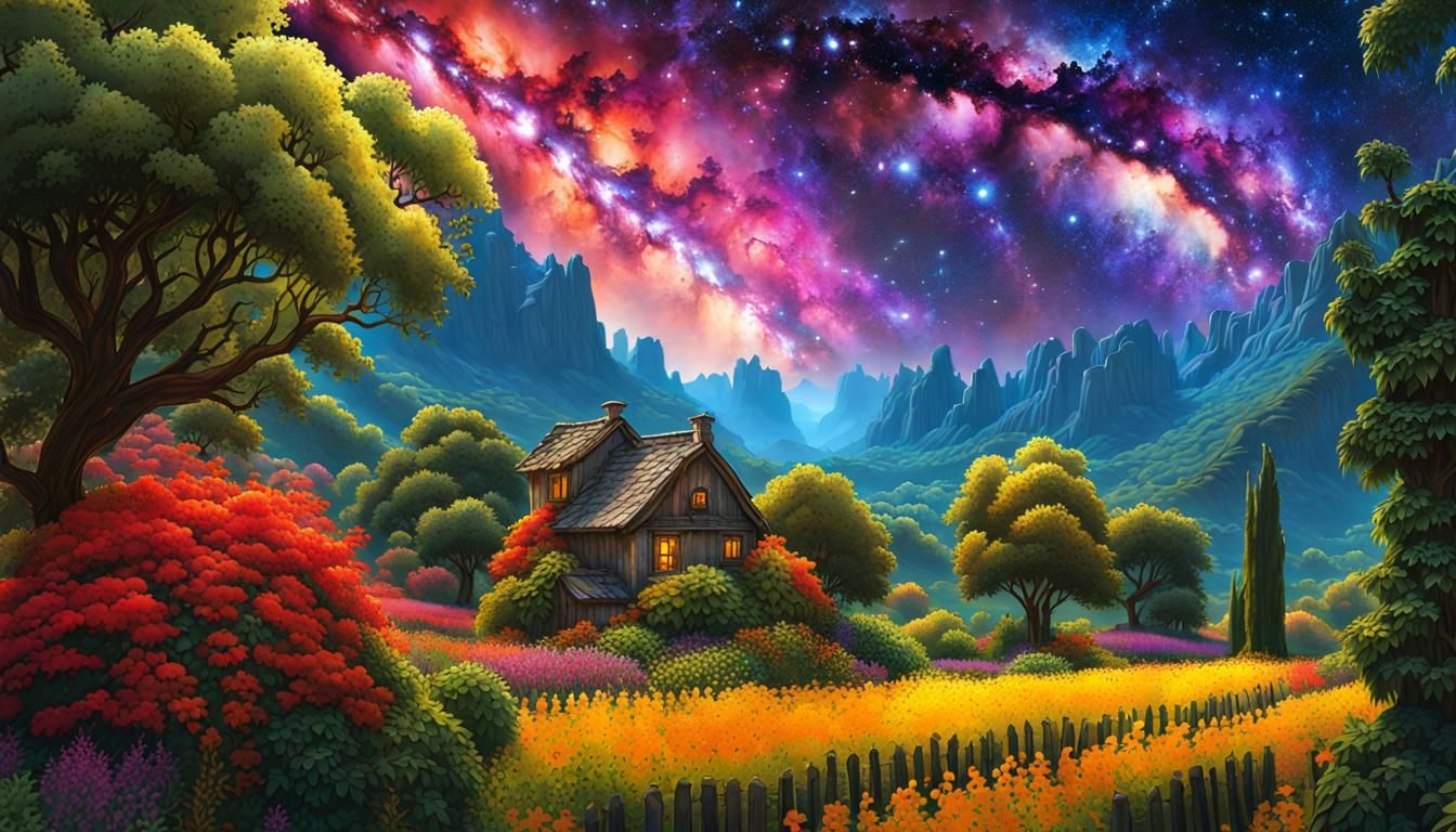 Cosmic Garden with Birds in Psychedelic Style