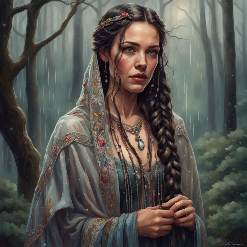 Rainy Forest Portrait of Woman with Braided Hair