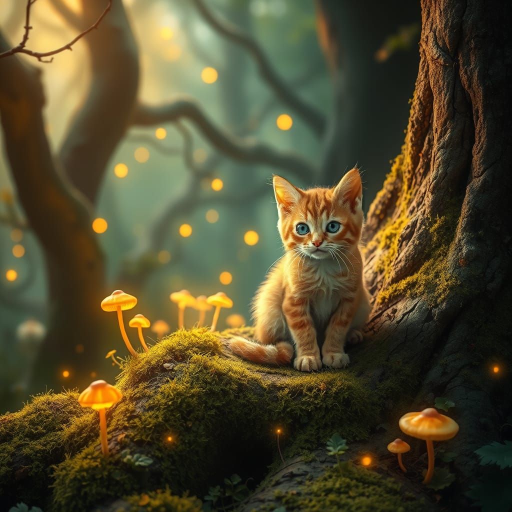 Whimsical Ginger Kitten in Enchanted Forest