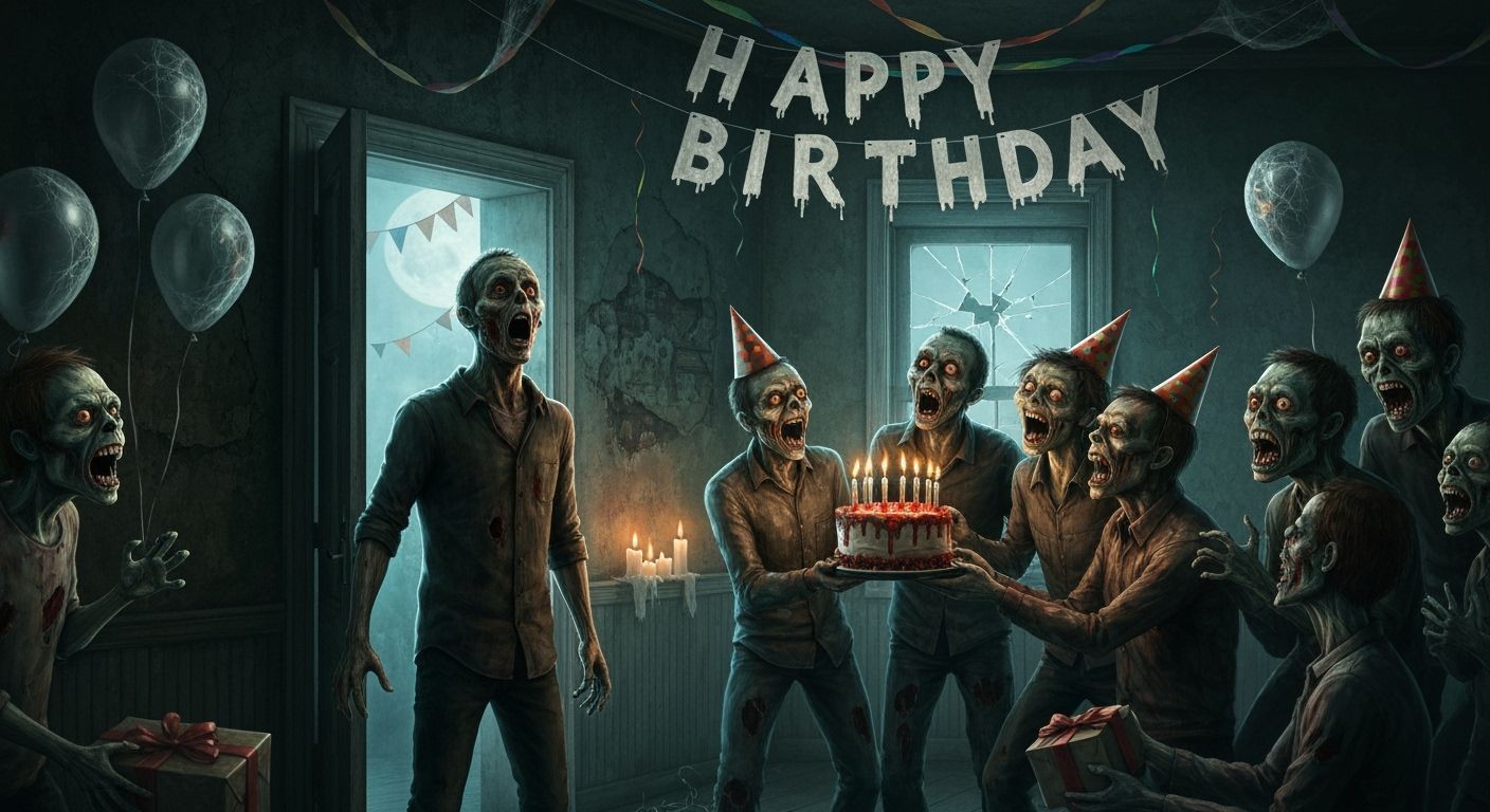 Zombie Birthday Surprise Party in Dimly Lit Room