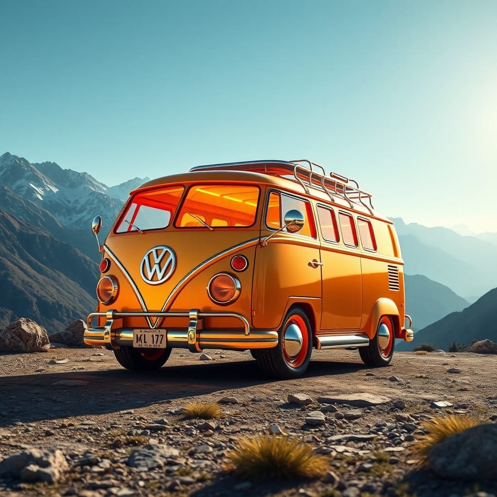 Robotic VW Van in Neon Mountain Landscape