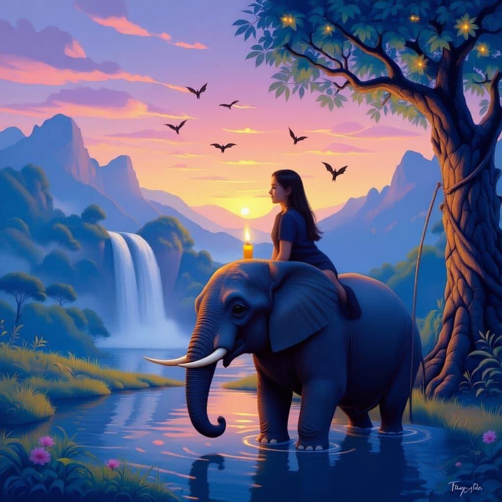 Dreamy Thai Landscape With Elephant, Girl, And Cats