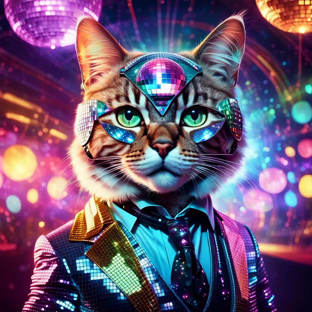 Disco Cat Portrait in 1970s Club, Digital Art