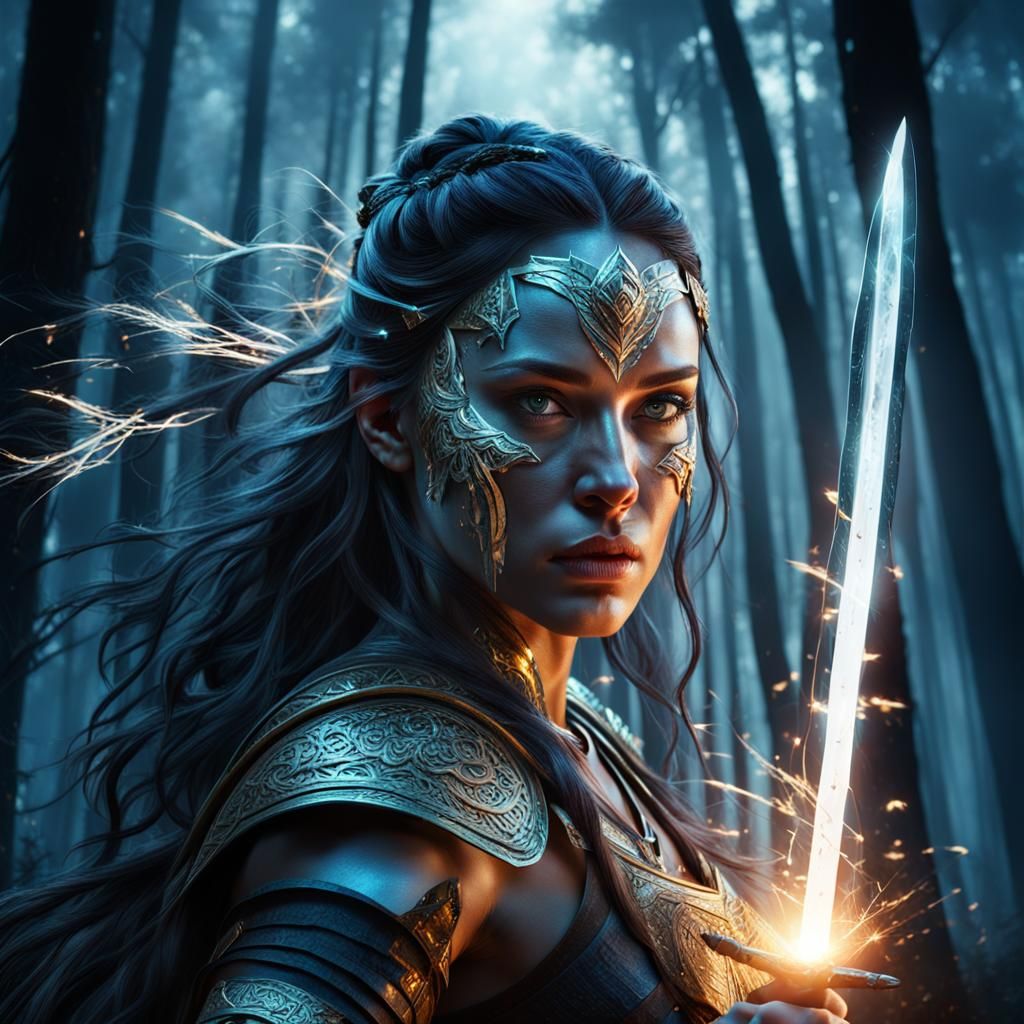 Warrior Goddess in Night Forest: Photorealistic Double Expos...