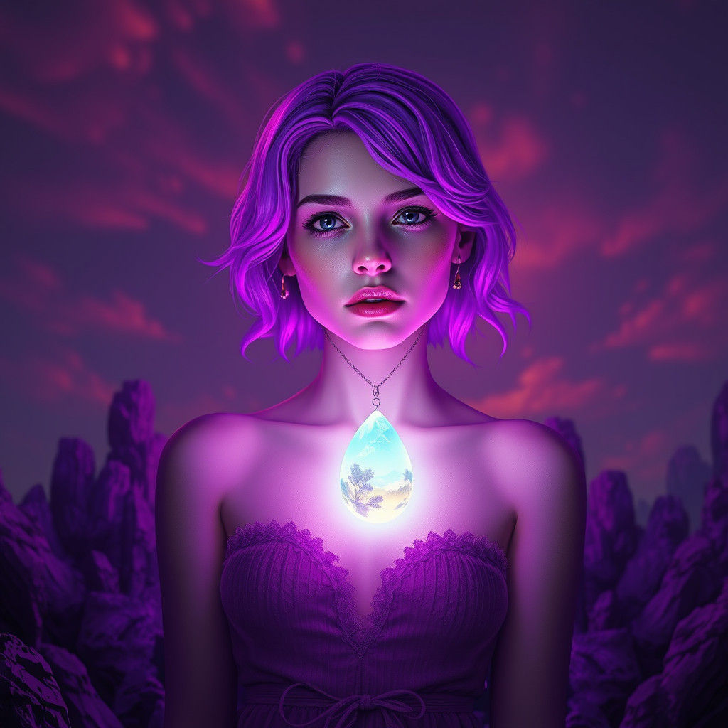Psychedelic Woman in Purple Forest, Detailed Matte Painting