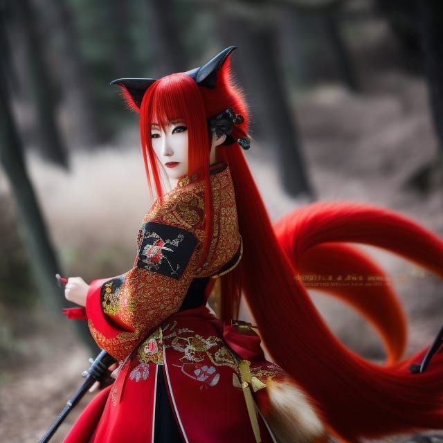 Sinister Kitsune Woman in Japanese Ninja Armor